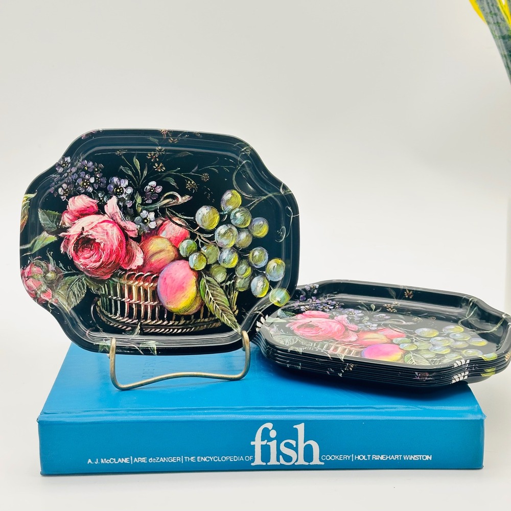 Vintage Elite Trays Set of 6 Floral Fruit Grapes Tin Mini Trays England Black